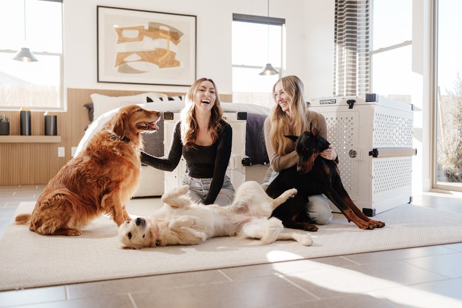 Two women enjoy time with their dogs in a stylish, modern bedroom lit by natural light.
